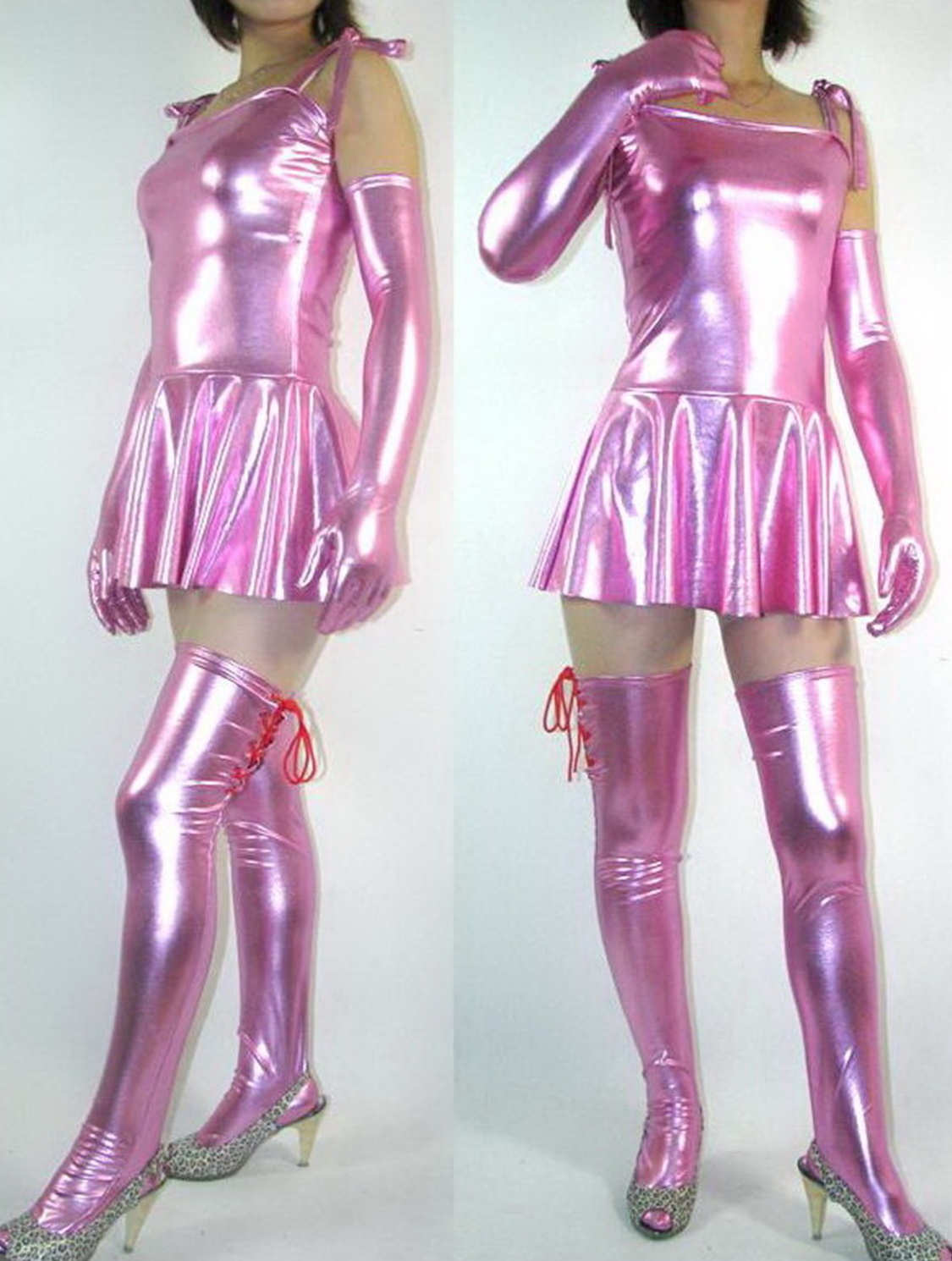 

Sexy Women Party Dresses Pink Skirts Clothes 15 Color Shiny Lycra Metallic Women's Dress Nightclub Skirt With Long Glove & Stockings Halloween Cosplay Costumes P248, Coffee