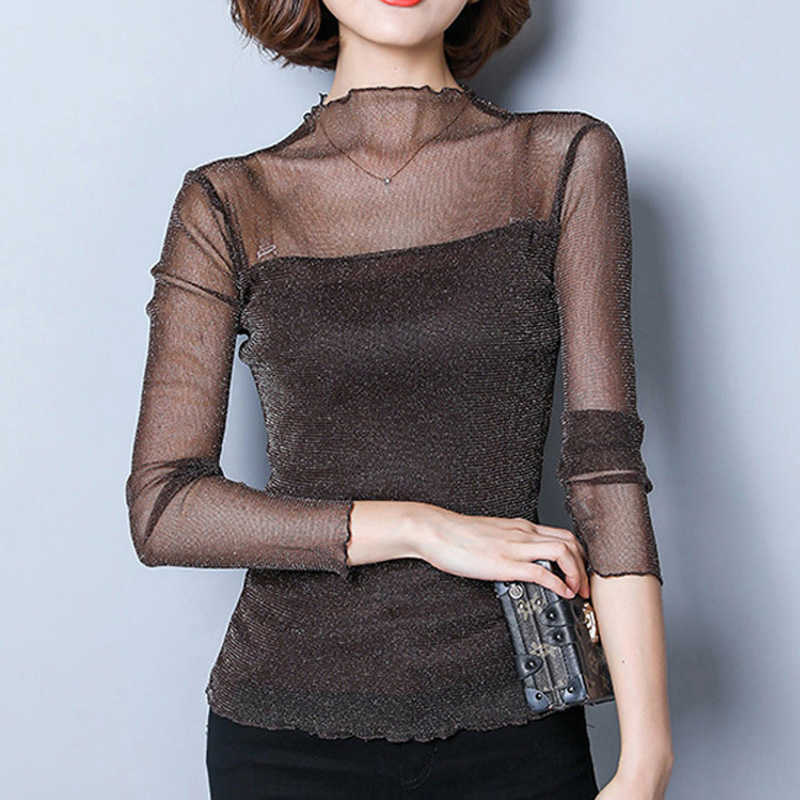 

Hollow Out Women Spring Autumn Style Lace Blouses Shirts Casual Long Sleeve Patchwork Spliced Turtleneck Blusas Tops DF1488 210609, Black