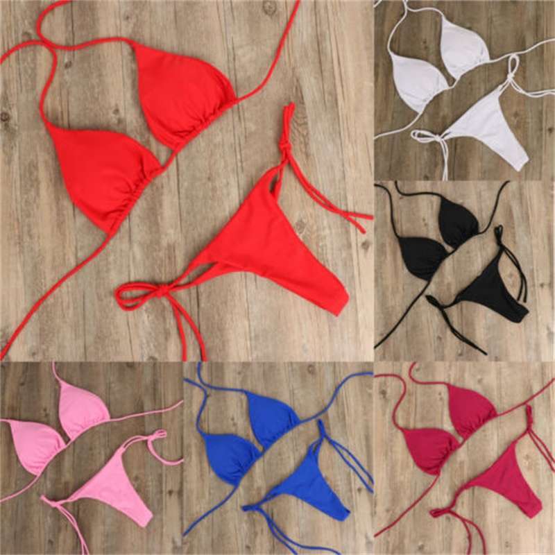 

2pcs Sexy Women Summer Swimwear Bikini Set Bra Tie Side G-String Thong Beach Triangle Swimsuit Bathing Swimming Suit, White;black