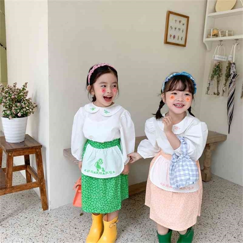 

Spring Summer cute girls 100% cotton embroidery outfits white long sleeve doll shirt and floral skirt 2pcs sets lothes set 210708, Green