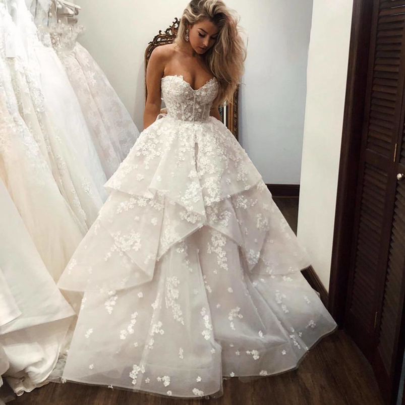 Cutsom Made Strapless A Line Lace Wedding Dresses Appliqued Tiered Sweetheart Corset Back Plus Size Bridal Gowns-image-708566142