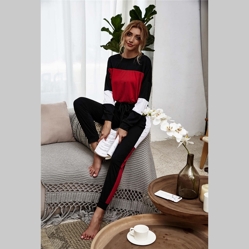 

2021 New Women Casual Patchwork Pieces Suit O-neck Sleeve Pockets Long Pants Sleepwear Workout Autumn Fashion Outfit Dwbp, Gray