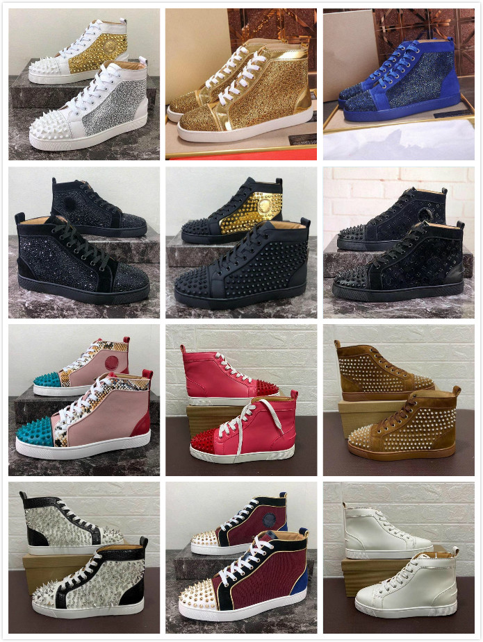 

2021 Red bottoms High Low Tops shoes Studded Spikes black white suede leather Mens Womens flat Party Lovers size 34-48 with box