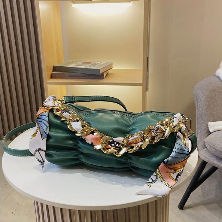 

Wholesale womens shoulder bags street fold handbag sweet and lovely ribbon decorated women chain handbags simple joker solid color leather Thread pillow bag, Brown(boutique box)