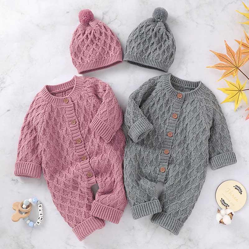 

Jumpsuits Baby Rompers Long Sleeve Winter Warm Knitted Infant Kids Boys Girls Hat Outfits Toddler Sweaters Autumn Clothes, 82w735 gray