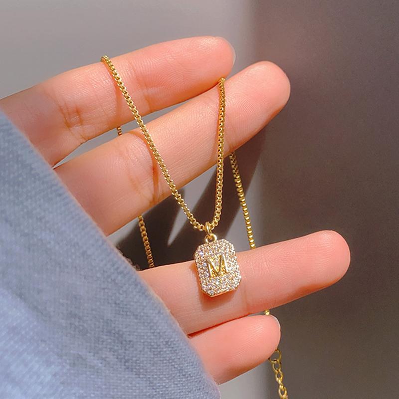 

Other Trendy Fine 14K Real Gold The Letter M Chain Pendant Necklace For Women Temperament Fashion Jewelry Bling Zircon Girl Gift, Silver