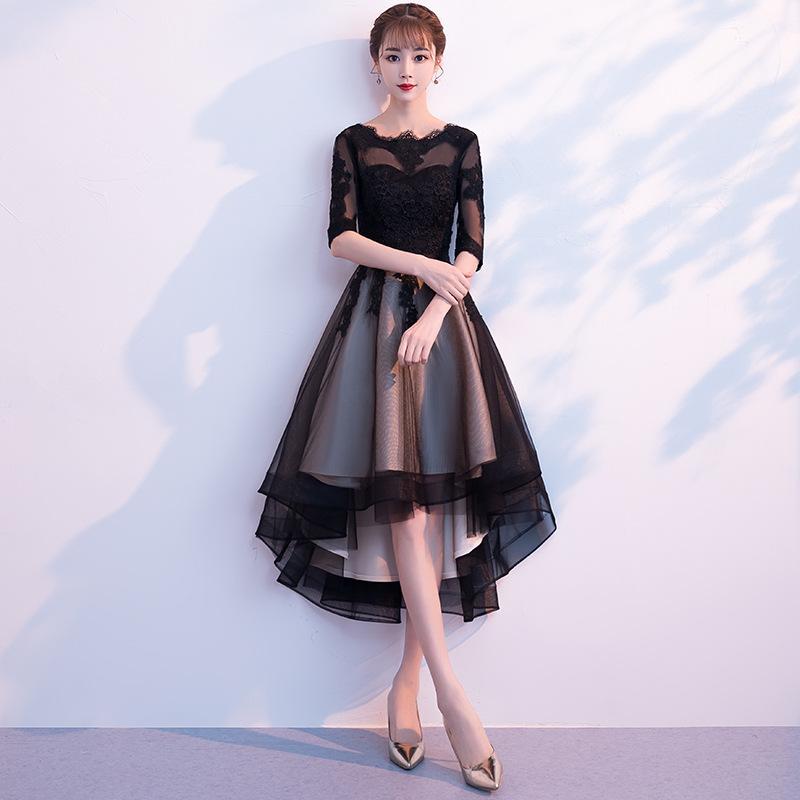 

Ethnic Clothing Black Sexy Hollow Out Slim Banquet Gown Women Elegant Appliques Evening Party Dress Novelty Short Front Back Long A-Line Dre
