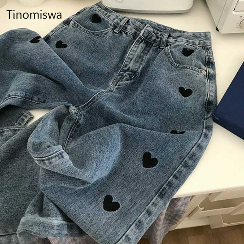 

Love Heart Embroidery Jeans Women Casual Straight Loose Denim Pants Female Korean Style Casual High Waist Pantalones Femme 210616, Black