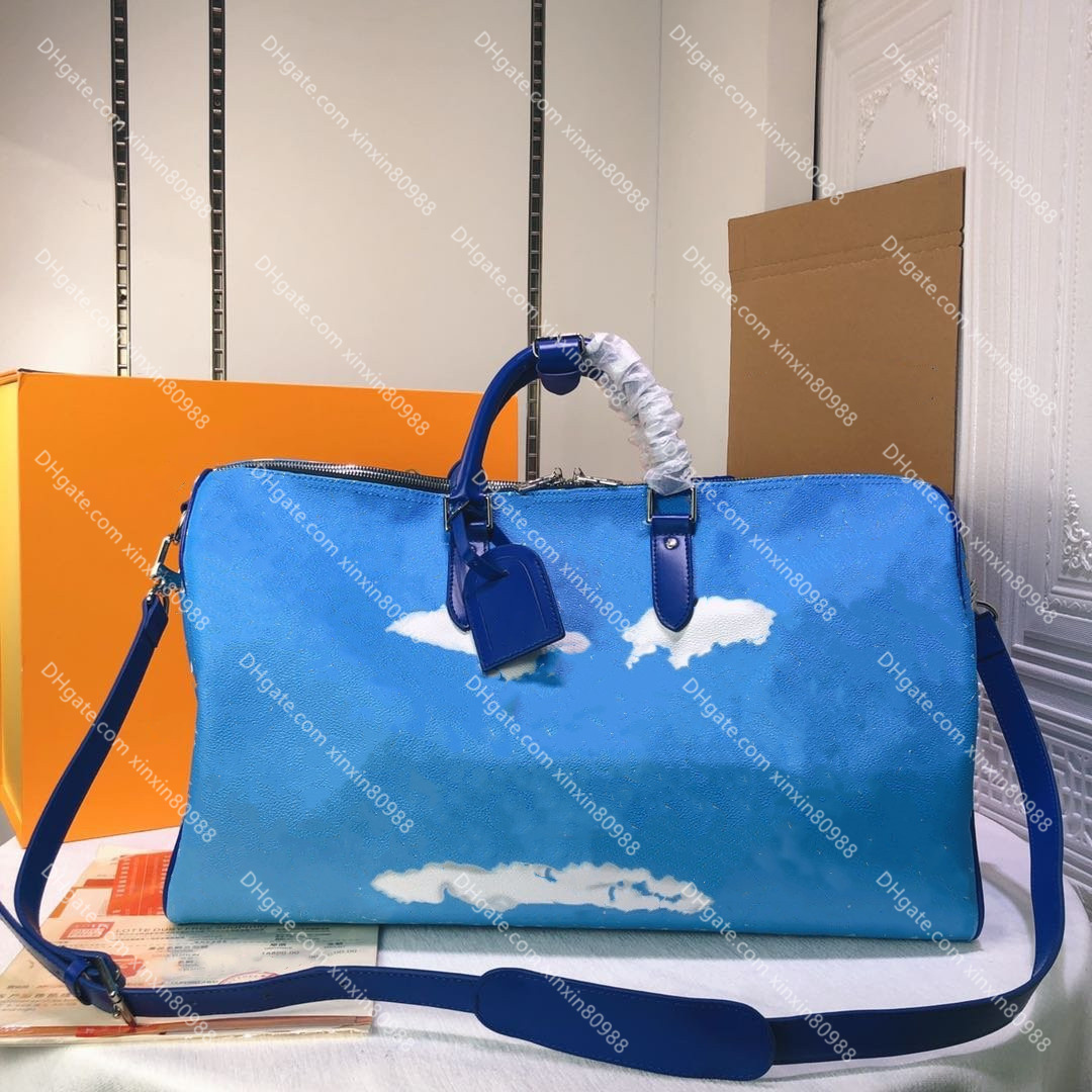 

Top-quality Blue Sky Cloud KP 50 Tote Luxury Designers Men Travel Bags Real Leather Women Duffle Bag Large Capacity Luggage Handbags, Sky blue+flower logo