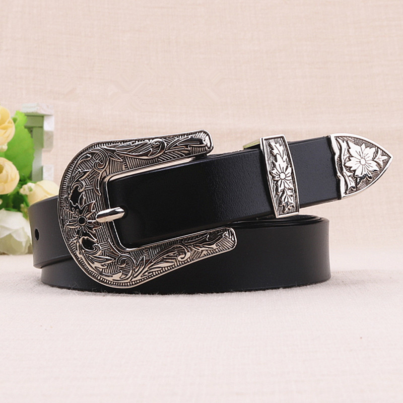 

2021 Genuine Leather Western Cowgirl Waist Belt Metal Buckle Waistband New Hot Female Belts for Women Luxury Designer Brand 1cut, Black