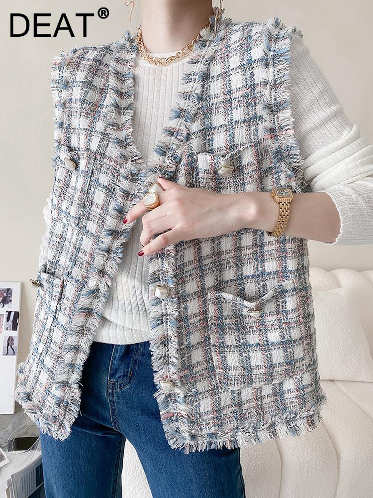 

Women's Jackets DEAT Woman Tweed Vest Jacket Plaid Pearls Burrs Button V Neck Sleeveless Vintage Style Elegant Outcoat 2021 Autumn 15AB206, Black;brown