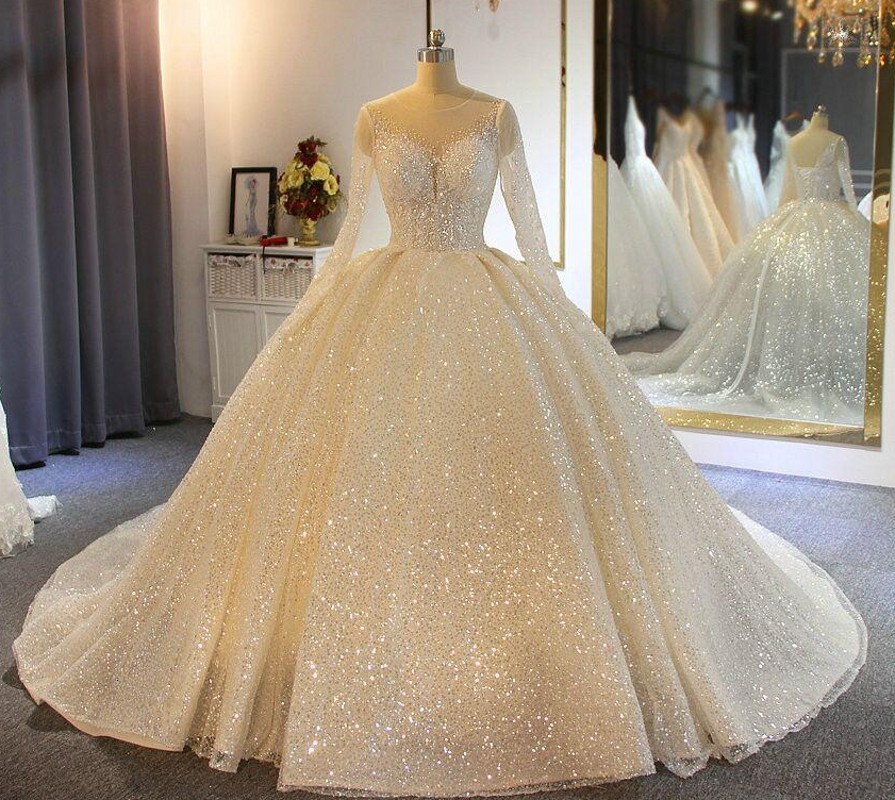 

New Sparkling Wedding Es 2021 Sheer Jewel Neck Appliqued Sequins Long Sleeves Lace Bridal Gowns Custom Made Abiti Da Sposa 2p0r, White