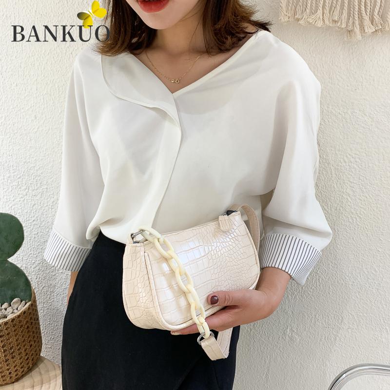 

BANKUO Baguette for Women 2021 Girly Fashion Classic All-match Handbag PU Leather Solid Color Alligator Zipper Shoulder Bag C212, Black