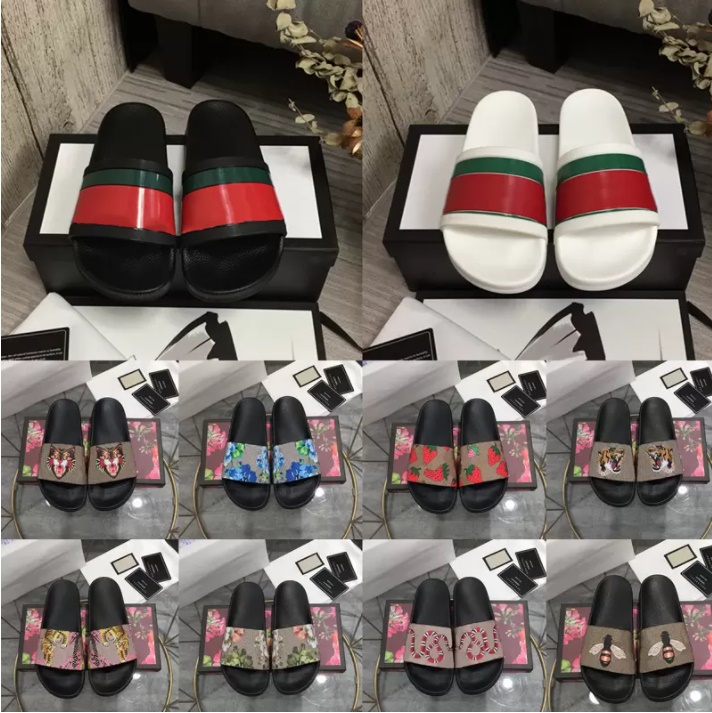 

Designer Slippers Rubber Slides Men Women Summer Sandal Flat Blooms Strawberry Tiger Bees Green Red White Web Fashion Shoes Beach Flip Flops Flower Box 35-46, Color8