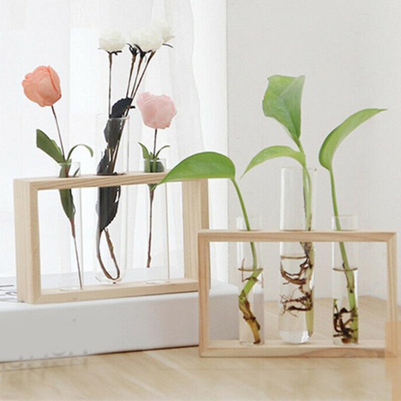 

Glass Bottle Vase Hydroponic Vase Plant Wood Glass Fashion Transparent Plant Wooden Frame Test Tube Balcony