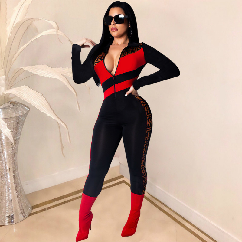 

2021 New Spring Print Sexy Jumpsuit Bodysuit Gym Clothing Long Sleeve Fitness Top Zipper Contrast Color Bodycon Romper Summer Cks8