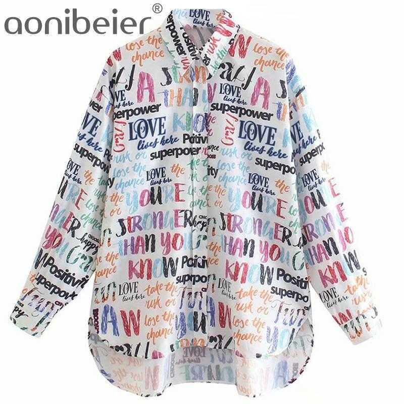 

Letter Text Print Women Casual Loose Shirts Summer Fashion Drop Shoulder Long Sleeve Blouses Female High Low Tops 210604, 01