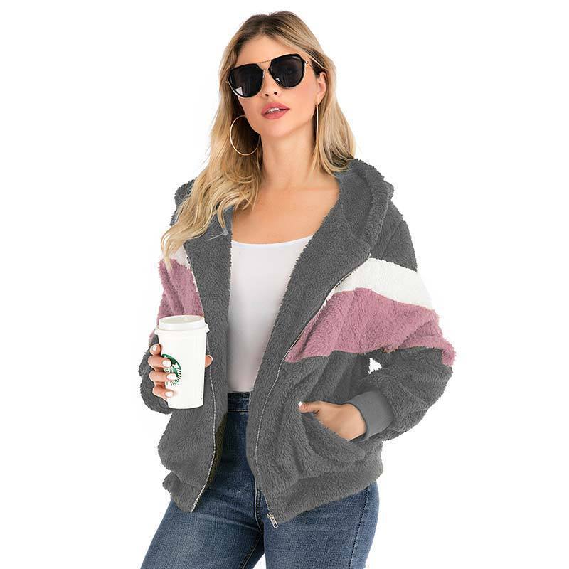 

Womens Plush Hooded Sweatshirt Oversized Zipper Fur Jacket Coat Winter 2021, Black;brown