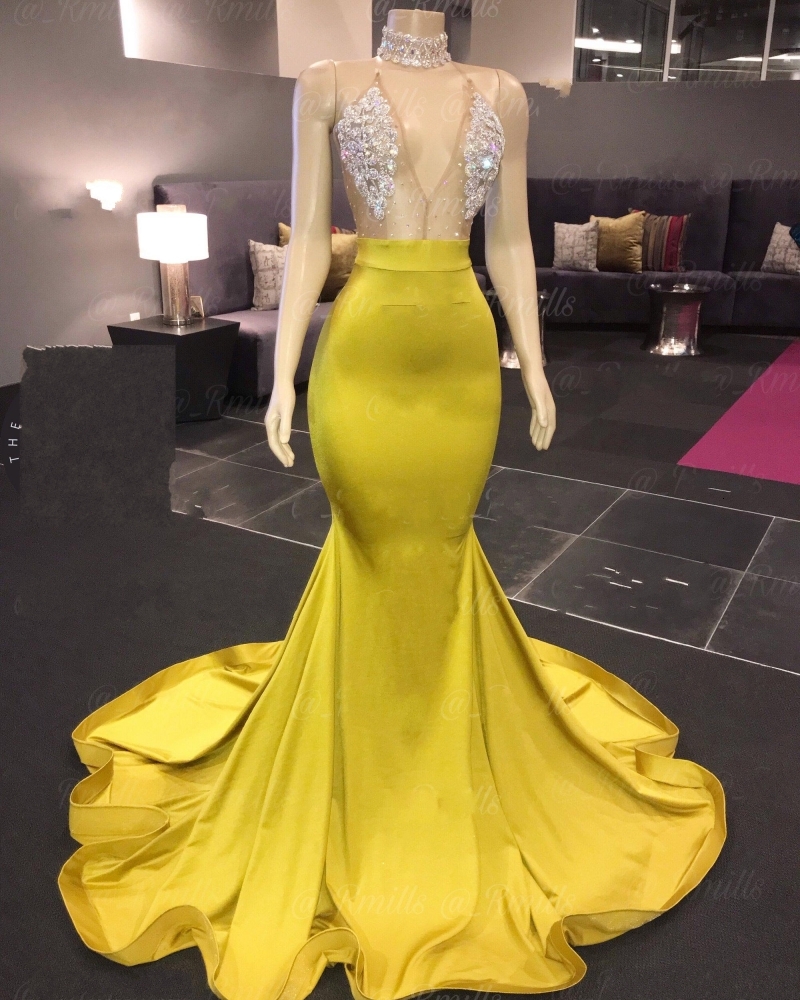 

2021 New v Neck Sleeveless Mermaid Prom Es Sweep Train Crytal Stain Formal African Evening Vestidos 886m