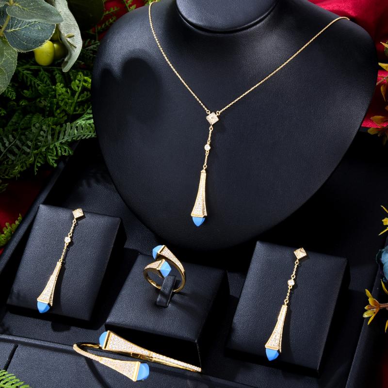 

Earrings & Necklace Blachette Luxury Trendy Customized Long Pendant Bracelet Ring 4PCS Women's Party Anniversary India Jewelry Set, Silver