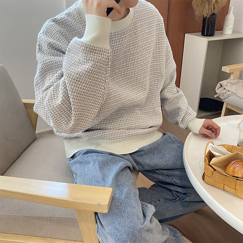 

2021 New Men's Fashion Trend Loose Hoodies Cotton Clothes Casual Coats Round Collar Sweatshirts Lattice Printing Pullover M- K1y6, Black