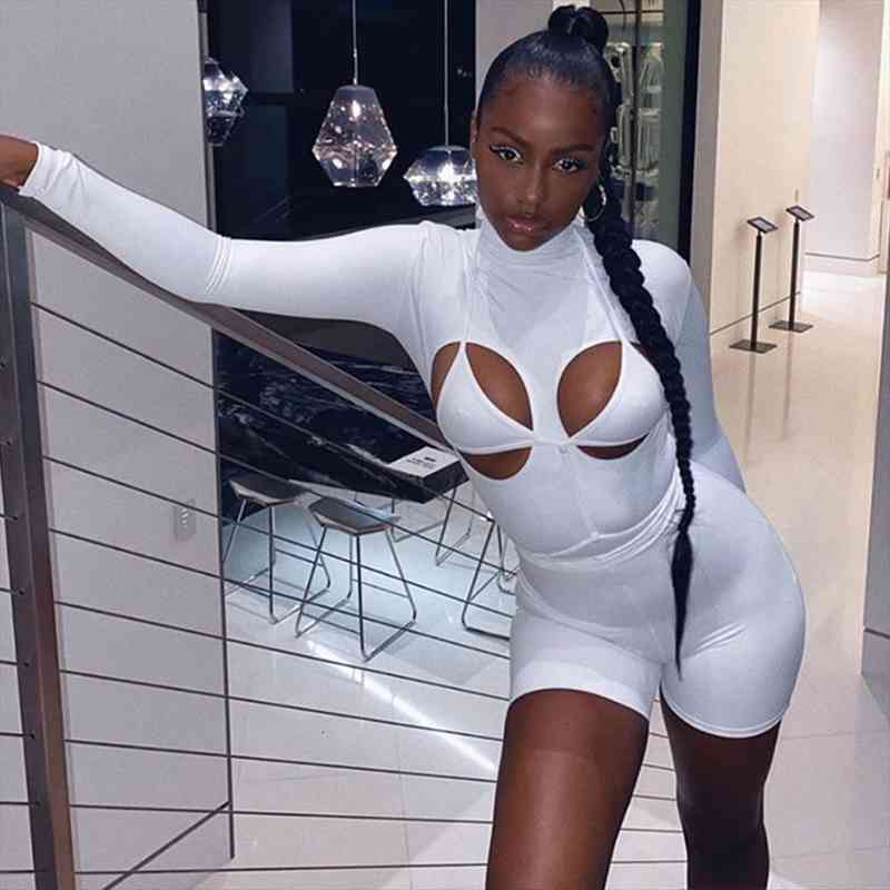 

women sporty fitness playsuits autumn long sleeve turtleneck bodycon jumpsuit biker shorts hollow out clubwear, Black;white