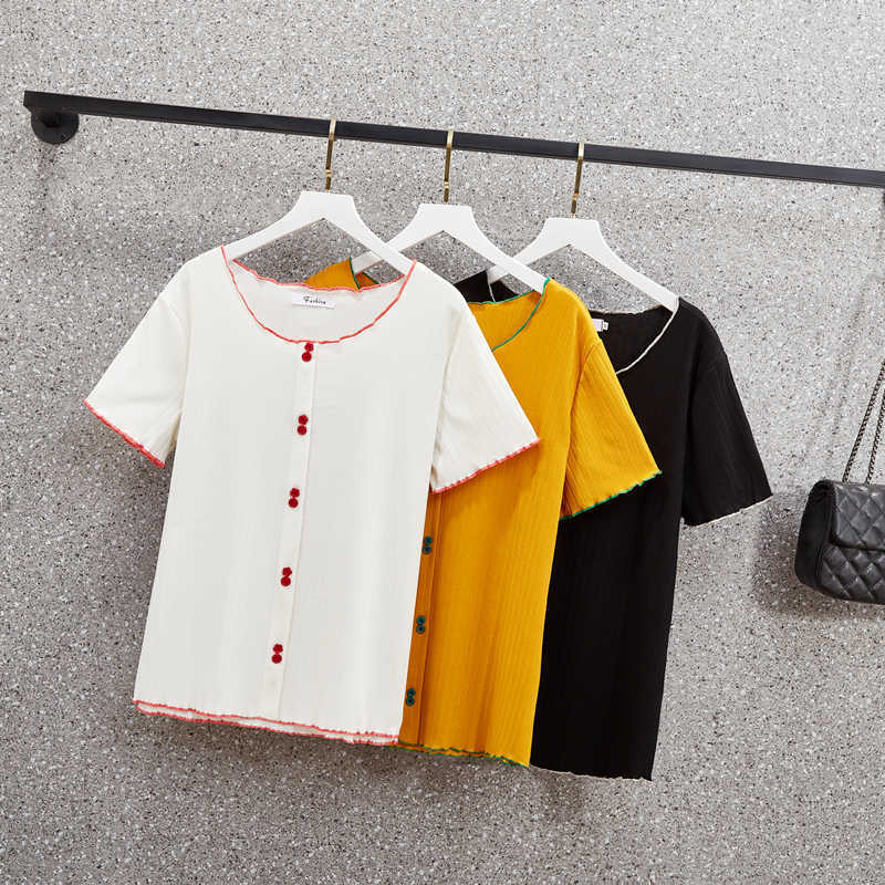 

XL-3XL Large size women kint Summer basic sweater short sleeve o neck button loose casual Oversized sweater pullover Tshirt 210604, Yellow