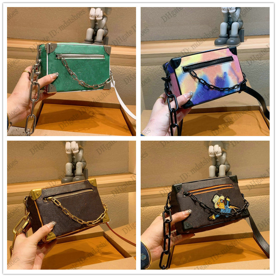 

Mini Soft Trunk Green Shoulder Bag Mens Designer Two Chains Box handle Bags Brown Letter Flower Cross Body Tote With riveted corners and boxy shape