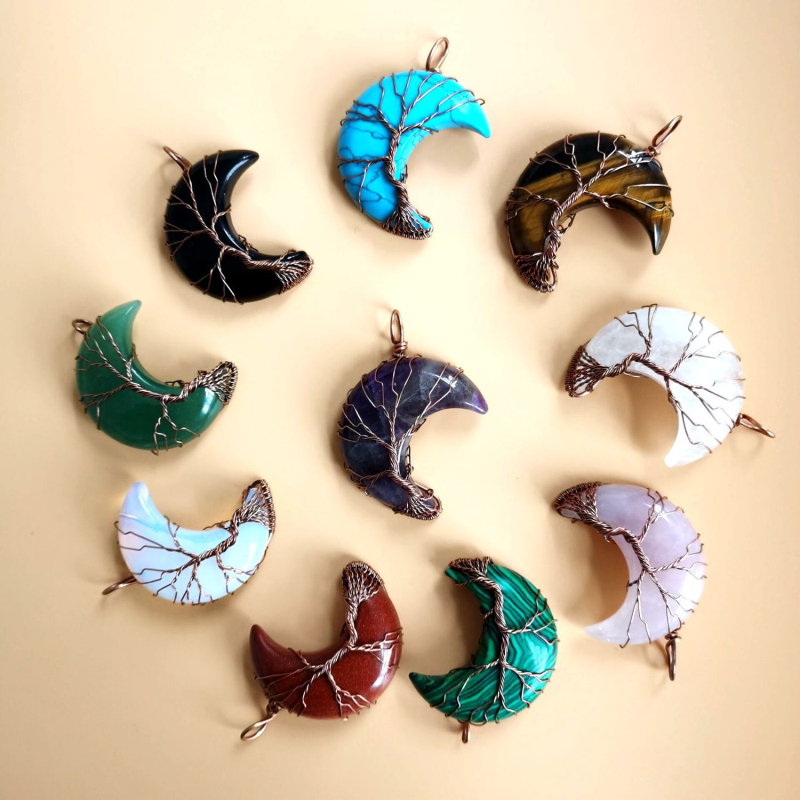 

Hand Wrapped Antique Copper Wire Natural Stone Moon Pendant Necklace for Women