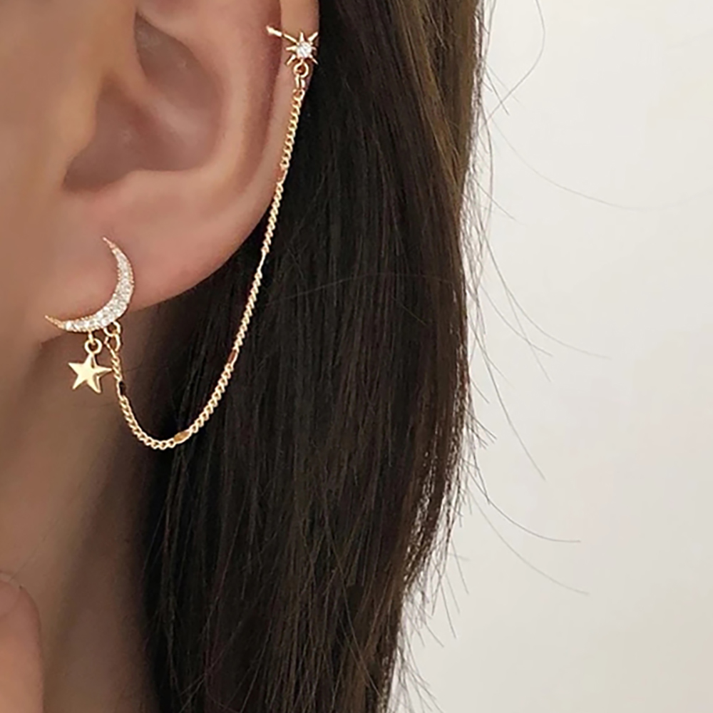 Simple Moon Star Rhinestone Long Chain Earrings For Women Shine Sun Crescent Geometric Tassel Piercing Earring Party Jewelry-image-744772020