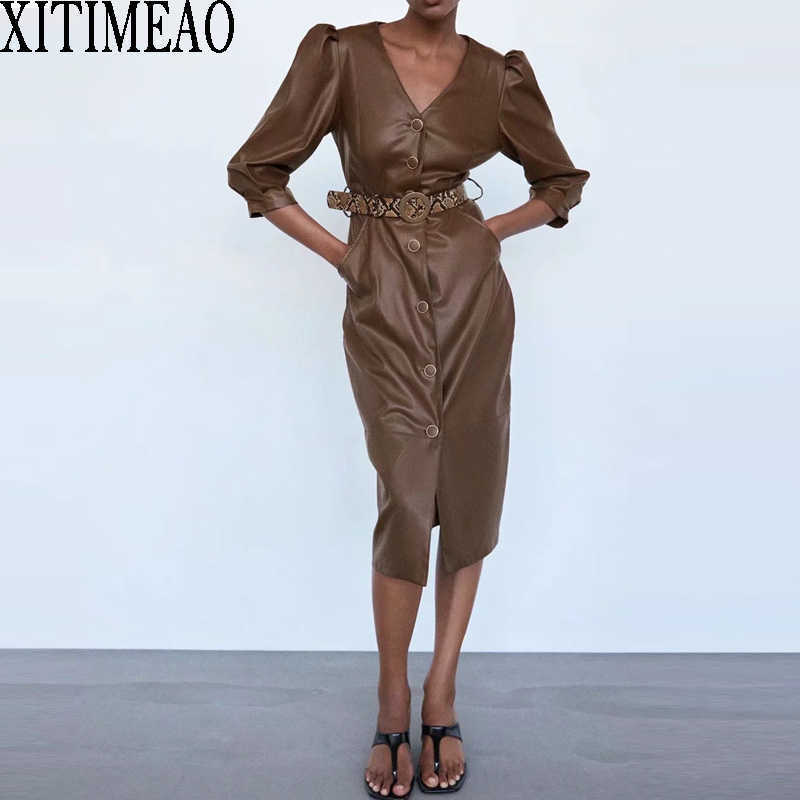 

ZA Autumn Winter Women Brown Faux Leather Dress With Leopard Belt Long Sleeve Ladies Midi Dresses Vestidos 210602, As picture