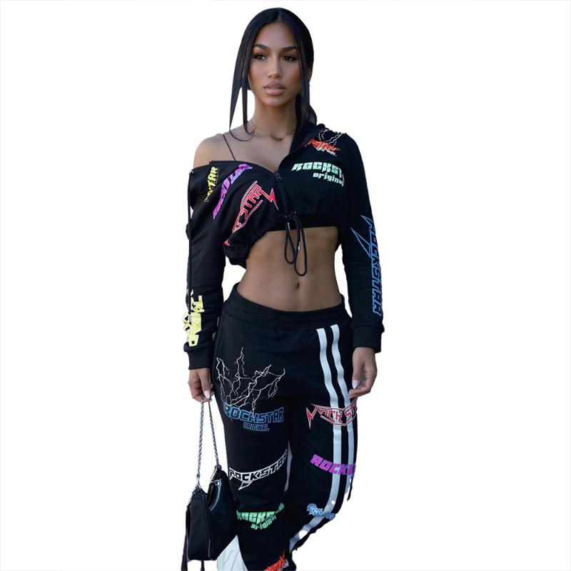 

Women's Two Piece Pants 2021 Women Fashion Casual High Street Personality Trend Printed Hooded Sport Long Sleeves Two-Piece Set, White