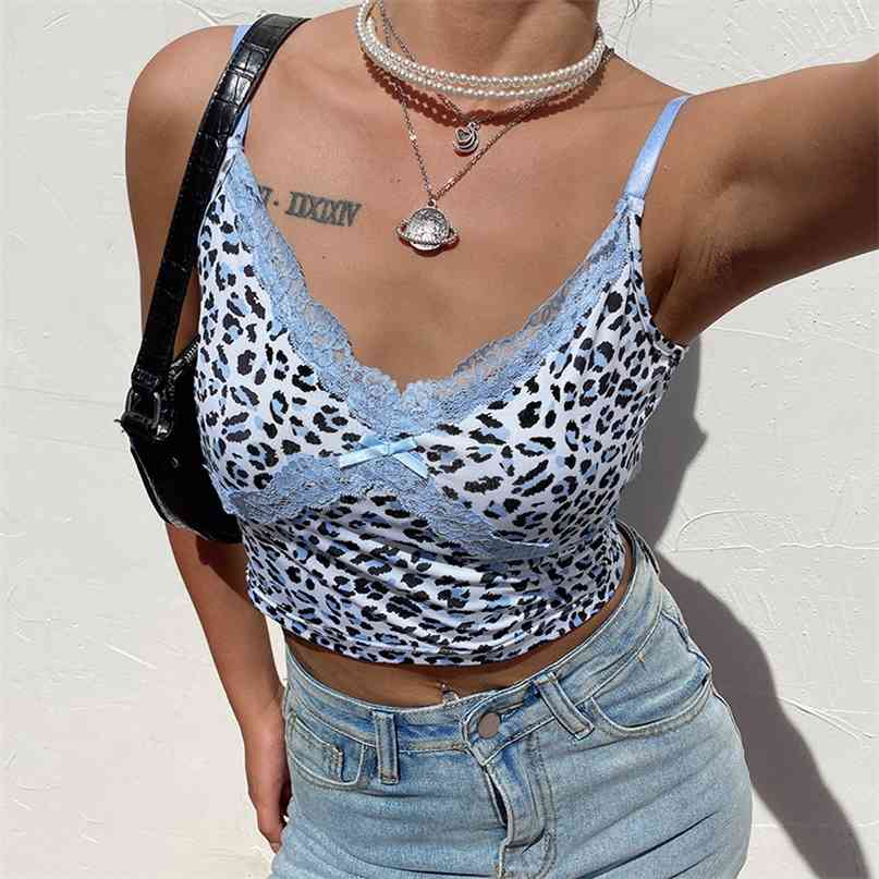 

Patcwhork Lace Leopard Spaghetti Strap Top Sleeveless 90s Crop Tee Frill Sexy Cami Summer Streetwear 210607, Blue