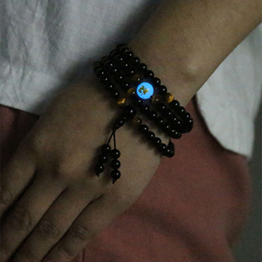 

Natural Obsidian luminous stone Zodiac 108 Buddha beads bracelet for lovers, Golden;silver