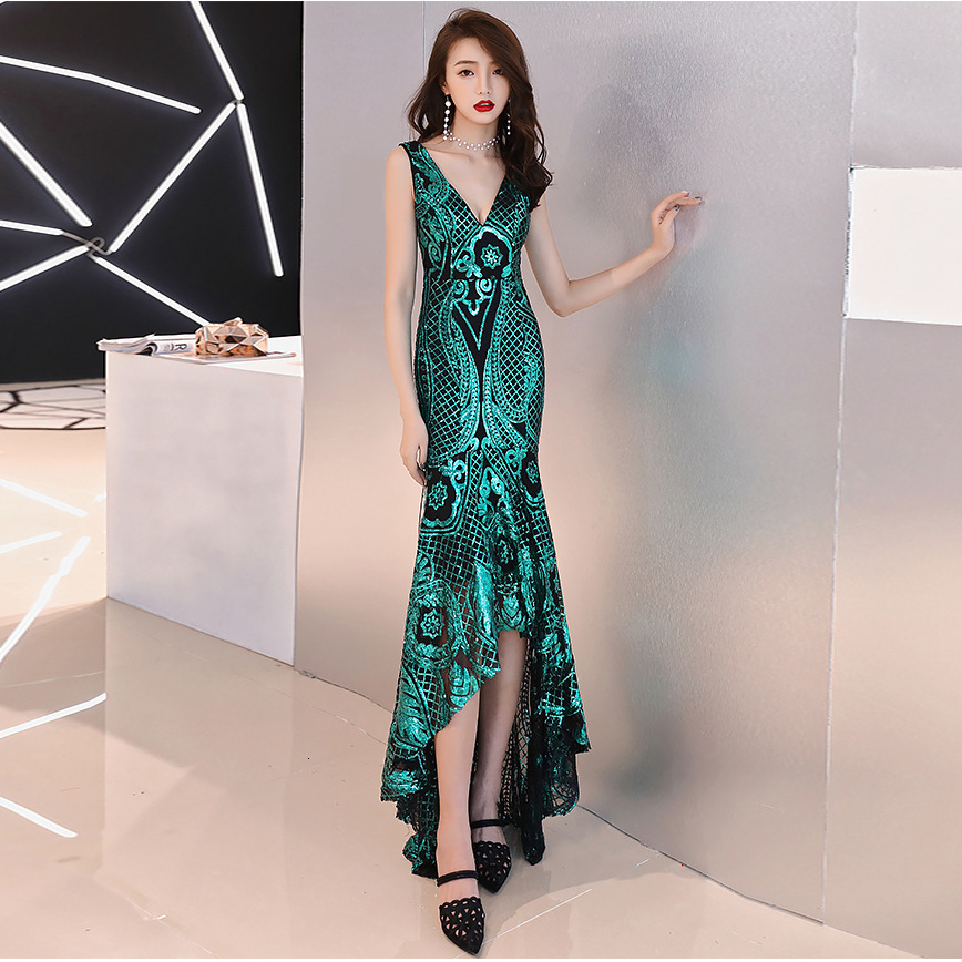 

Female V-neck Sexy Evening Performance Celebrity Women Dinner Host Sequined Wedding Prom Banquet Party Maxi Dress B67j, Champagne