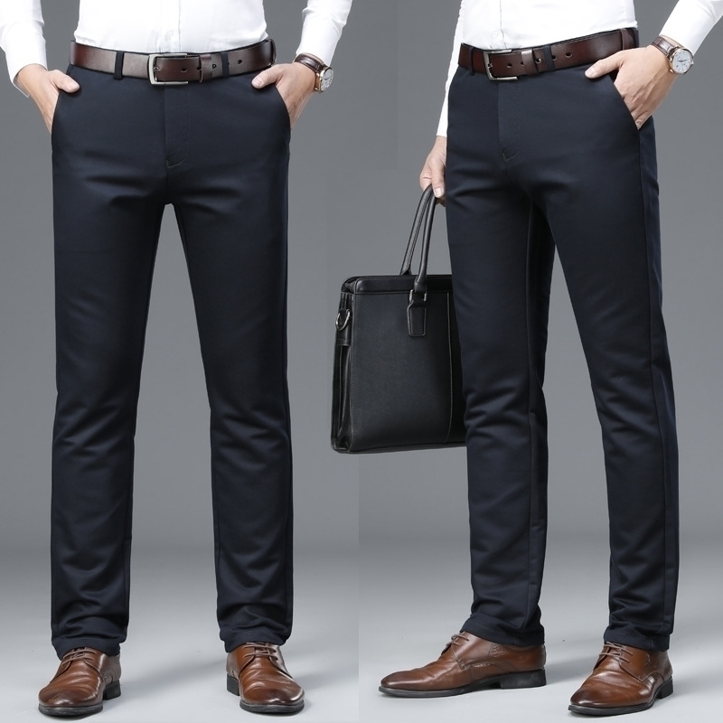 

Casual straight tube loose Tencel cotton elastic business men's autumn and winter thick high waist middle-aged long pants, Black 9089 / straight triangle bag