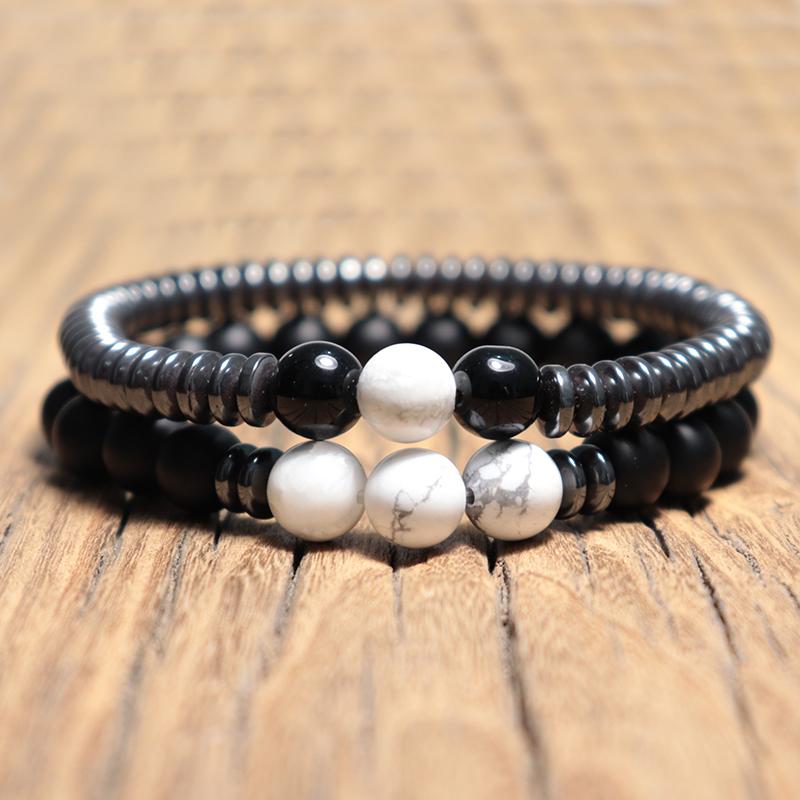 

Beaded, Strands 2Pcs/Set Men Bracelet Natural Hematite Onyx Braclet Stone Malachite Turquoise Tiger Eye Charm Braslet Homme Jewelry Husband