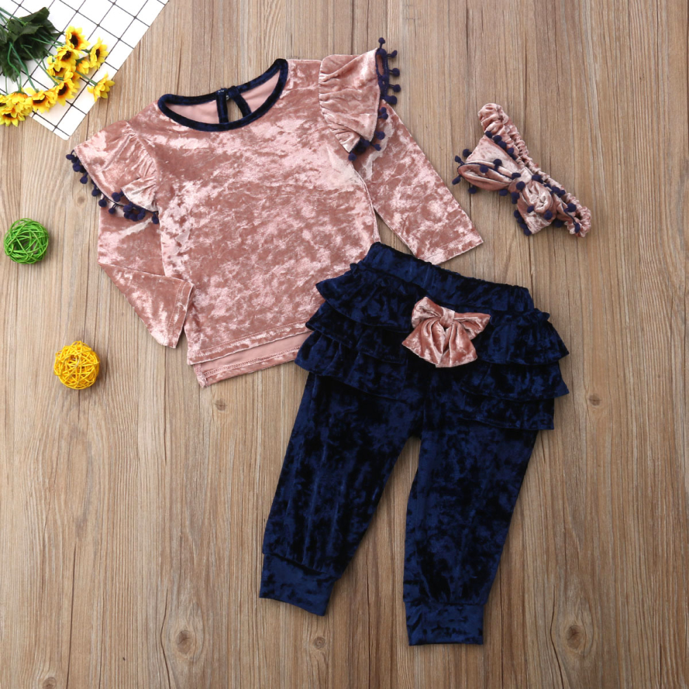

Toddler Kids Baby Girl Autumn Clothes Sets Velvet Ruffle Bow Tops Long Pants 3Pcs Outfit Set 1-6Y, Default color