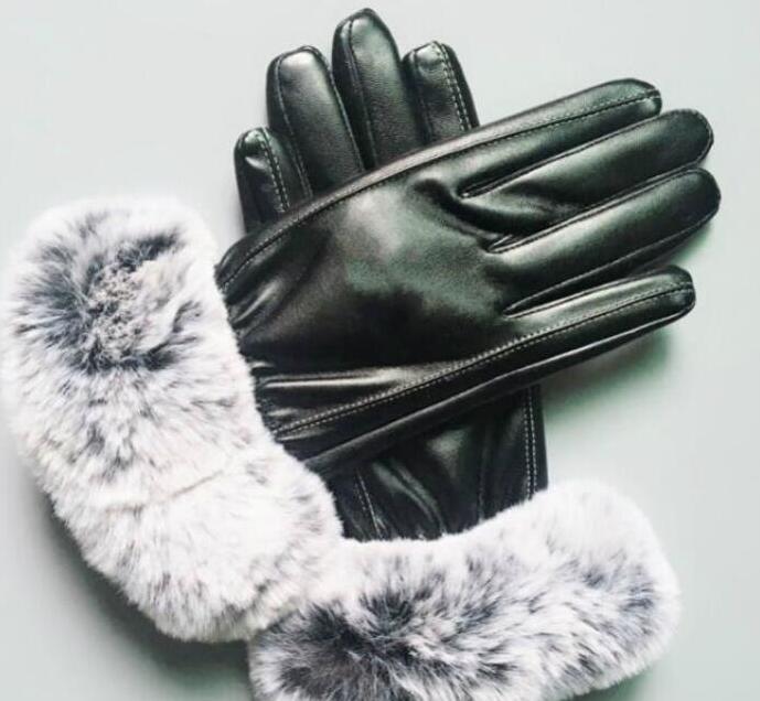 

European and American designer brand windproof leather gloves lady touch screen rabbit fur mouth winter heat preservation wind style 5697