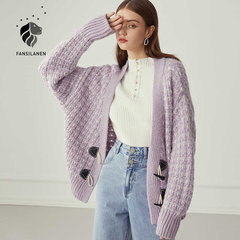 

FANSILANEN Horn button casual plaid knitted cardigan Women long sleeve black short sweater Autumn winter purpel vintage jumper 210607