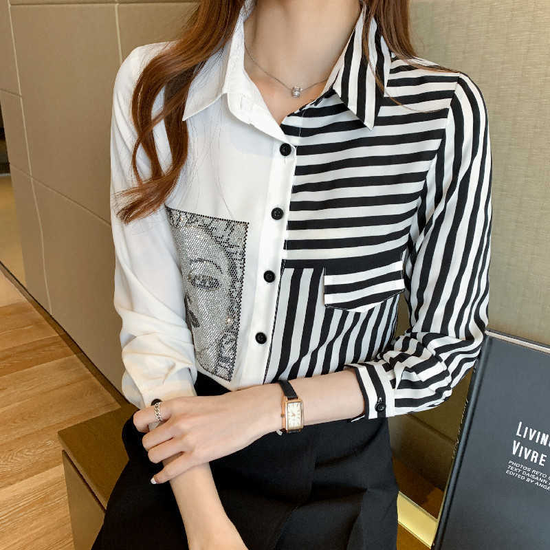 

Striped Patchwork Diamonds Women Shirts Blouses Long Sleeve Blouse Chic Tops Black Woman Blusa OL White Spring Autumn 210604