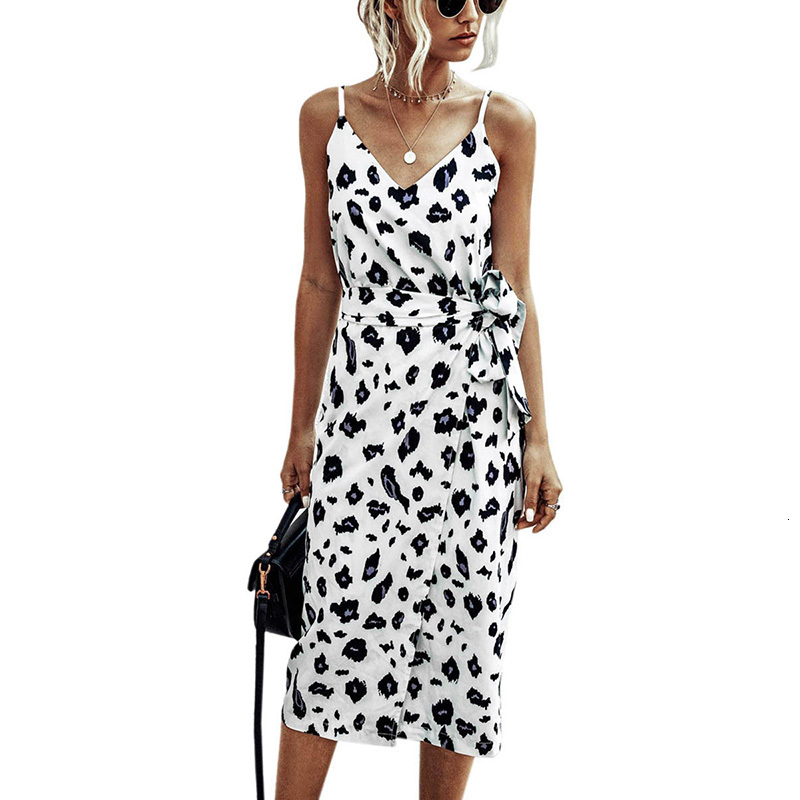 

2021 New Women Spaghetti Strap Vintage Print Sexy v Neck Backless Tie Waist Casual Es Summer Beach Split Sun Femme Robe R3ll, As picture 4