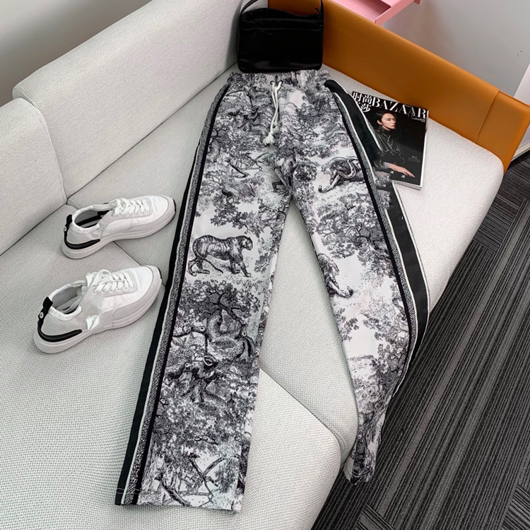 Summer 21 jungle animal jacquard side letter wide leg high waist casual SLIM STRAIGHT pants-image-713108876