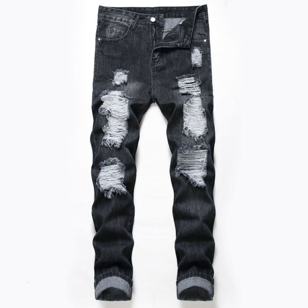 

Street Black beggars men's straight jeans with holes, Blue