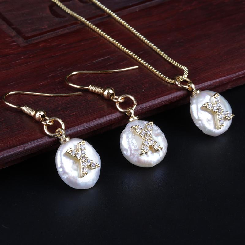 

Earrings & Necklace 2021 Freashwater Real Natural Pearl Alphabet Letter Charm White CZ Crystal Gold Pendant Choker Drop Earring Braidal Set, Silver