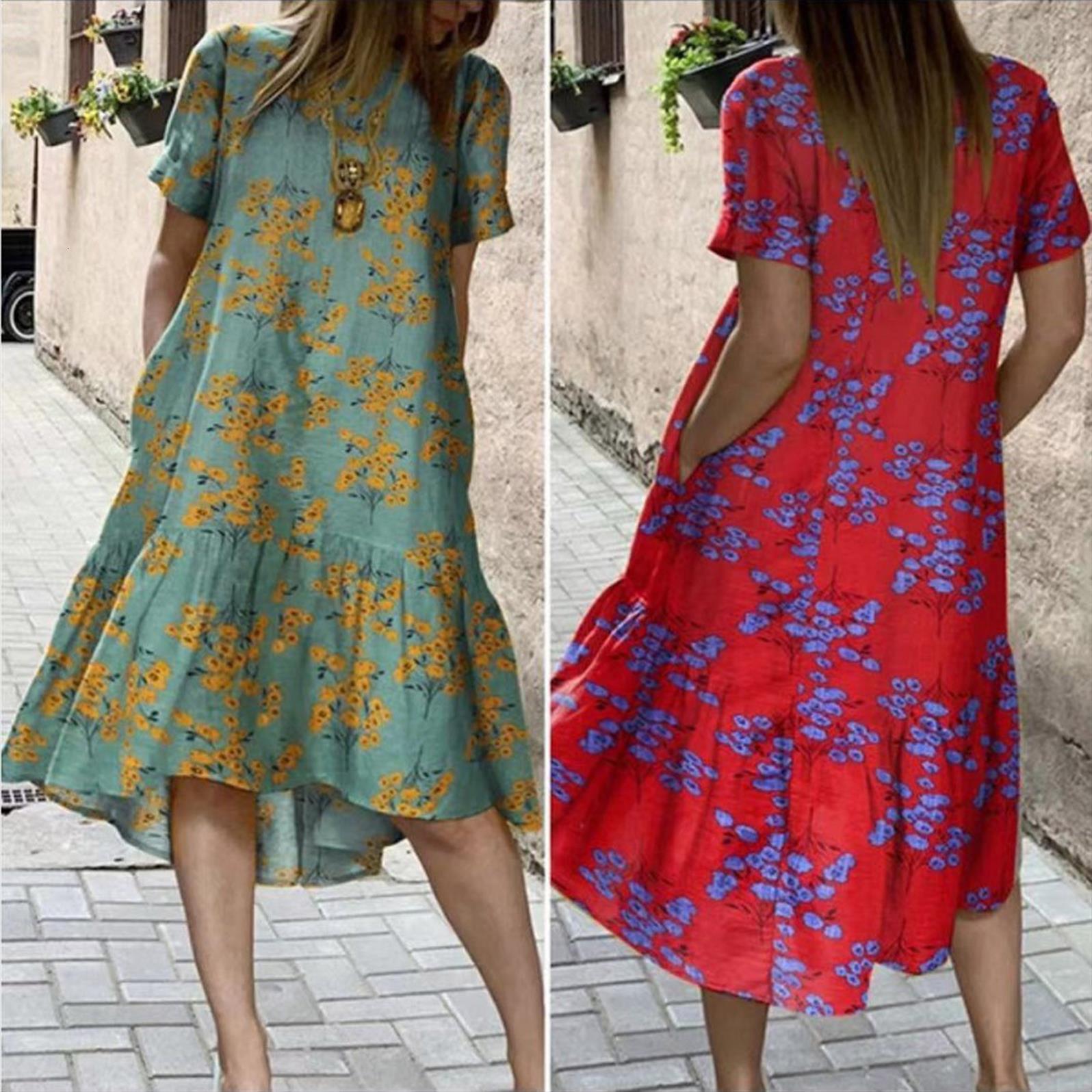 

summer round neck floral women dress print loose hem casual short sleeve daily streetwear, Black;gray