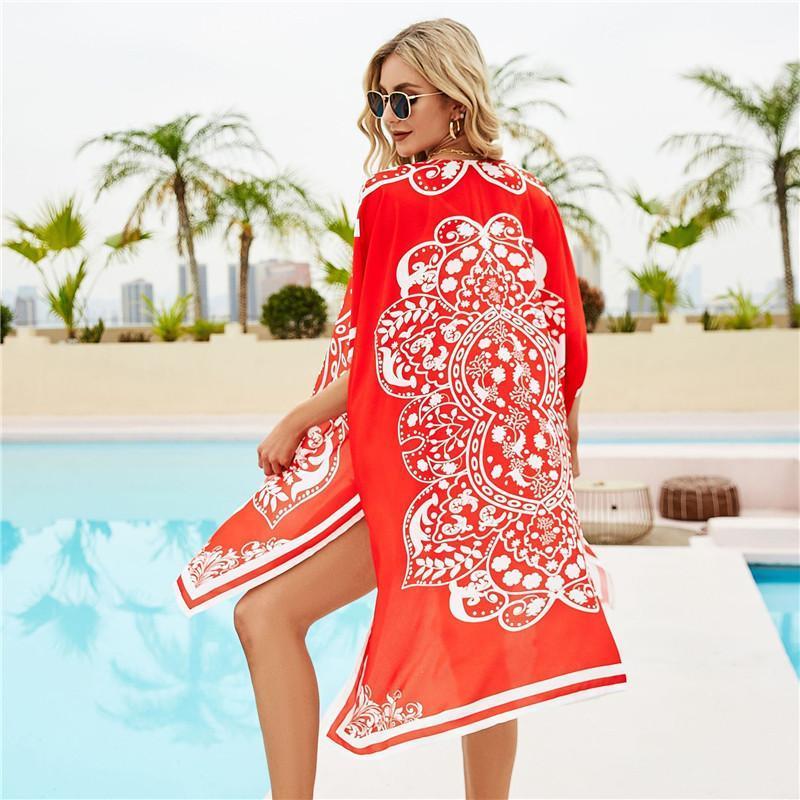 

Summer Dresses Ladies 2021 Red Printed Beach Dress Cover Up Beachwear Woman Outfit Blouse Tunic Pareo Swimsuit Cover-ups Women's Swimwear, Print 1