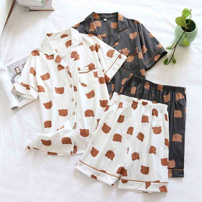 

summer couple 100% cotton pajamas two-piece thin short-sleeved shorts ladies knitted cartoon bear men's home service set 210809, Female white bear