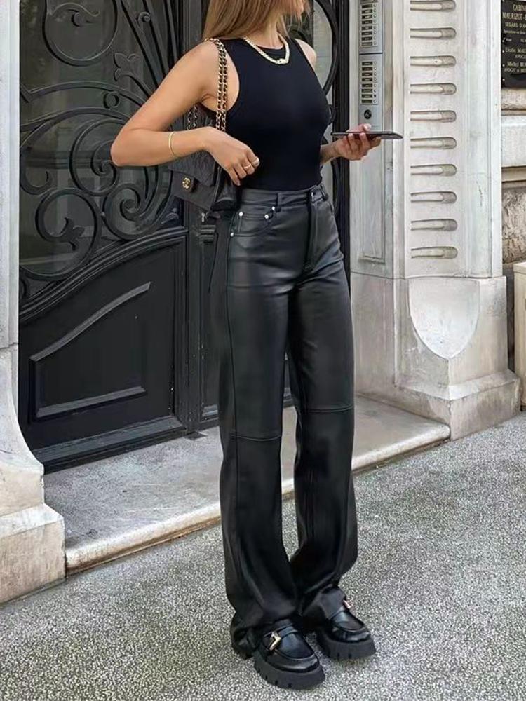 

Women's Pants & Capris Women Faux Leather PU High Waist Black Sexy Hip Lift Straight Leg Fashion Casual Quality Korean, Black;white