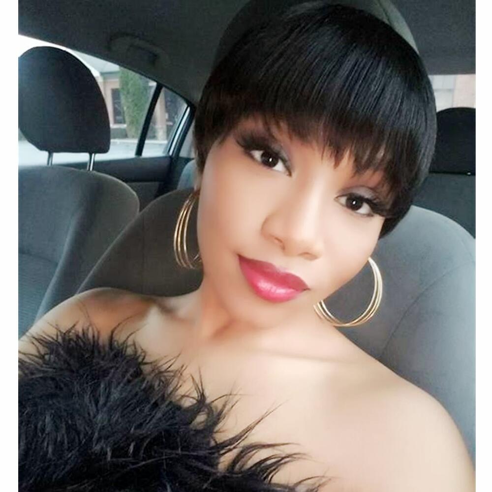 

Short Pixie Machine made Wigs for Black Women Human Hair None lace front WigShort Layered Cut Wig with Bangs, Natural color